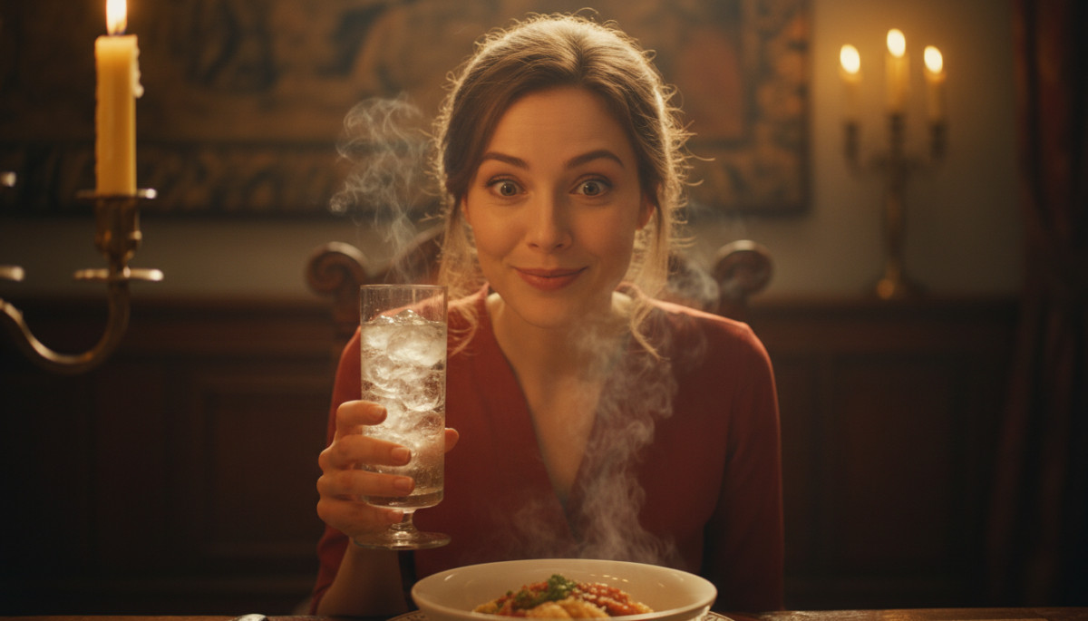 femme surprise tenant un verre d'eau glacée à table