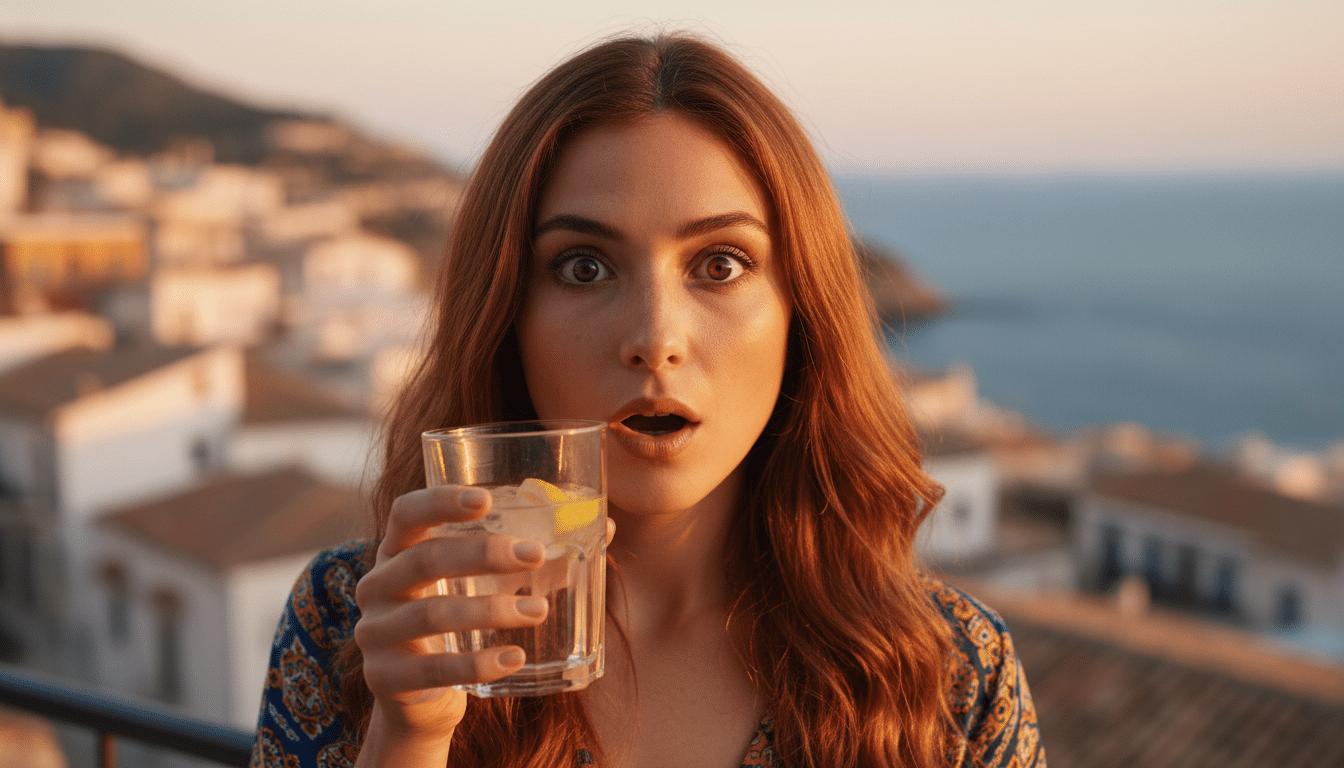 Femme surprise tenant un verre d'eau près de la mer