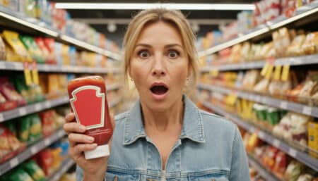 Femme surprise tenant une bouteille de ketchup Heinz en supermarché