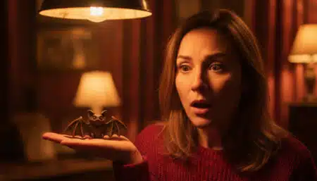 Femme surprise tenant une chauve-souris miniature dans sa main