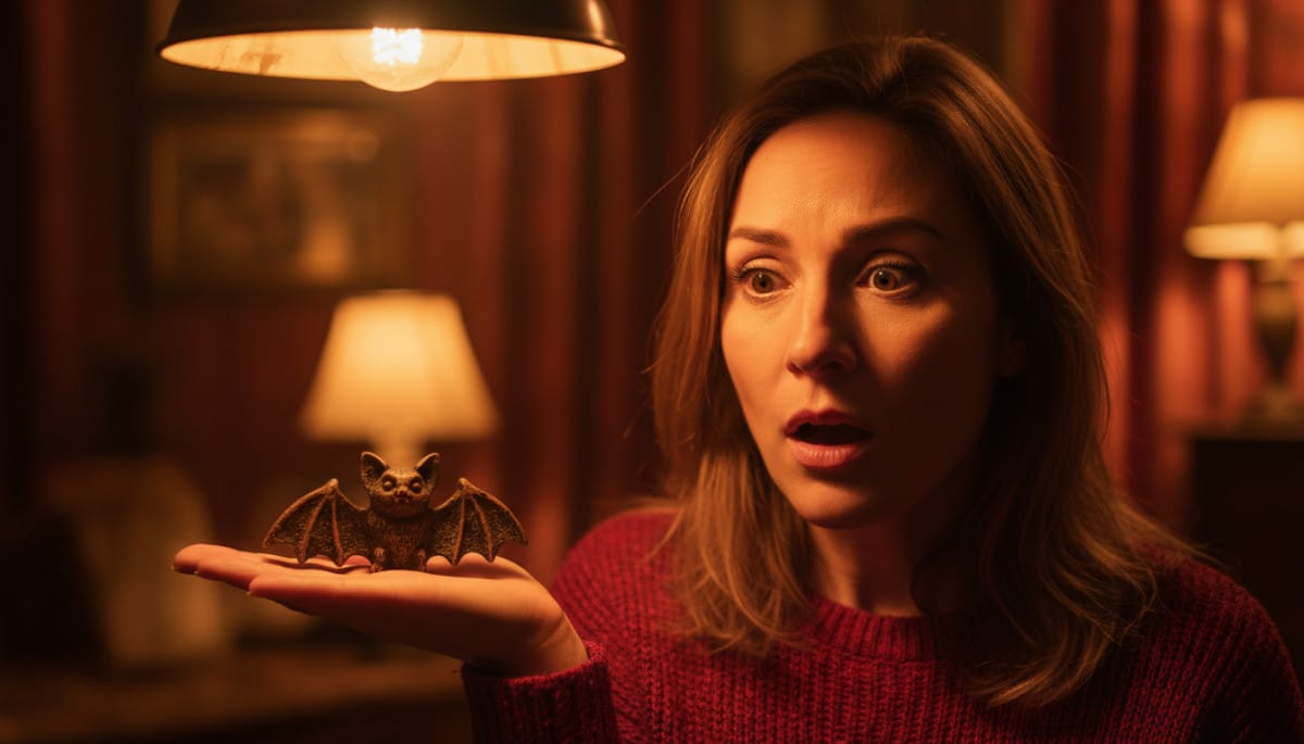 Femme surprise tenant une chauve-souris miniature dans sa main