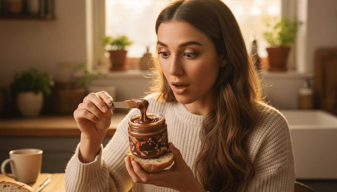 Femme tartinant du Nutella et lisant l'étiquette