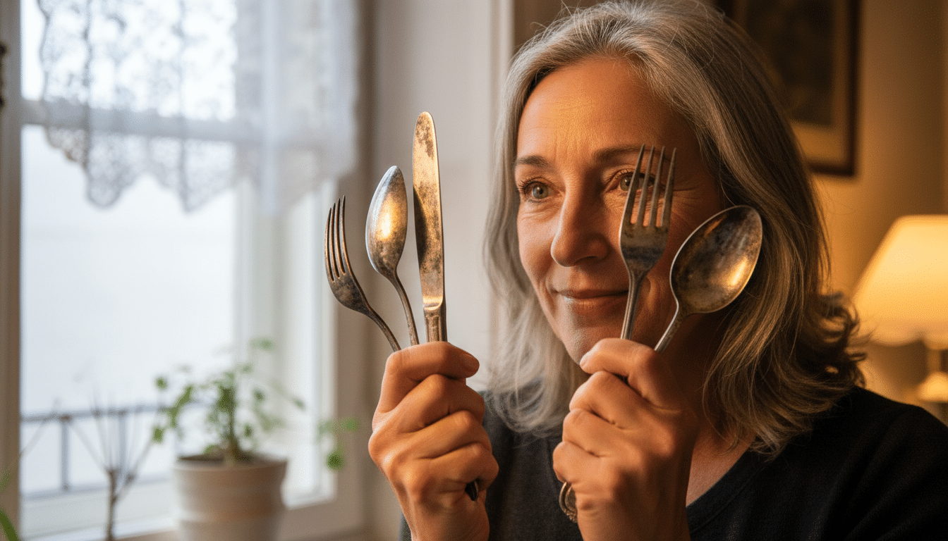 femme tenant des couverts en argent ternis