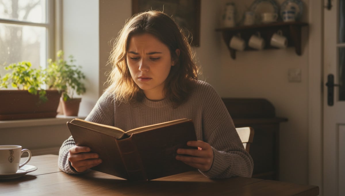 Femme tenant un album photo de bébé avec curiosité