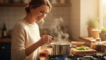 Femme tenant un cure-dent avant de poser le couvercle sur une casserole