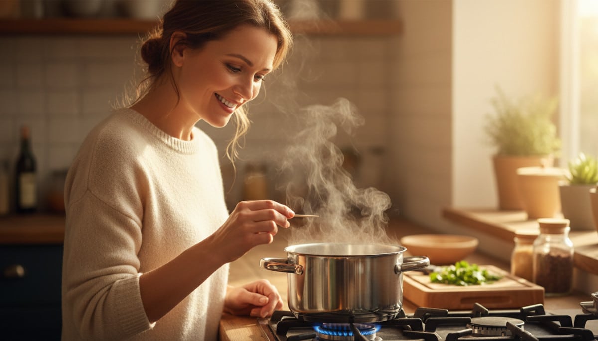 Femme tenant un cure-dent avant de poser le couvercle sur une casserole