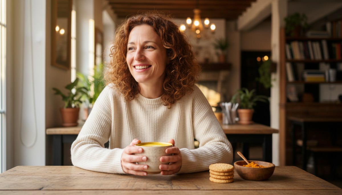 Femme tenant un latte au curcuma doré dans un café