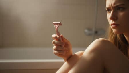 Femme tenant un rasoir rose, expression sceptique