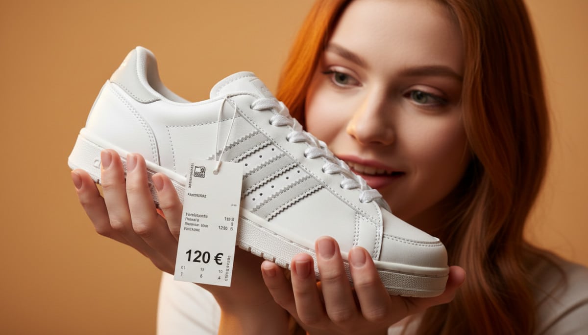 Femme tenant une basket Adidas avec étiquette de prix