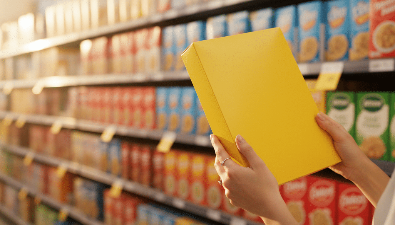 femme tenant une boîte de céréales Kellogg's en supermarché