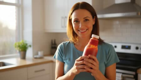 Femme tenant une bouteille de ketchup avec élastique au goulot