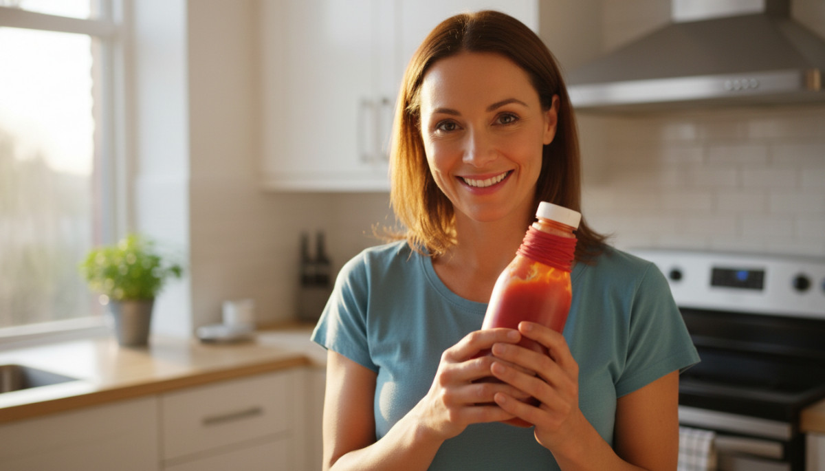 Femme tenant une bouteille de ketchup avec élastique au goulot