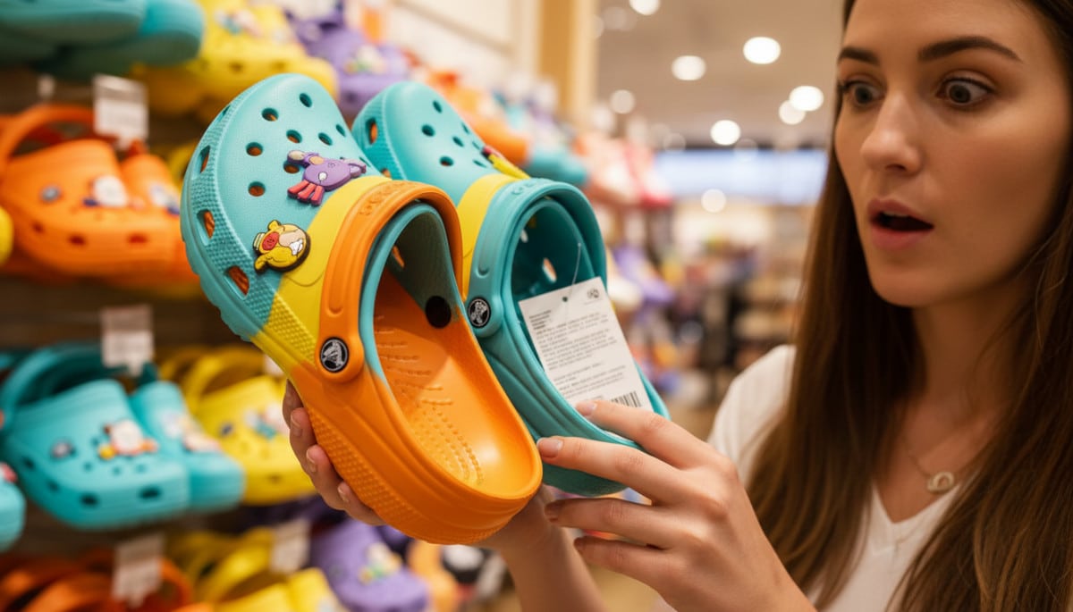 Femme tenant une paire de Crocs colorées en magasin