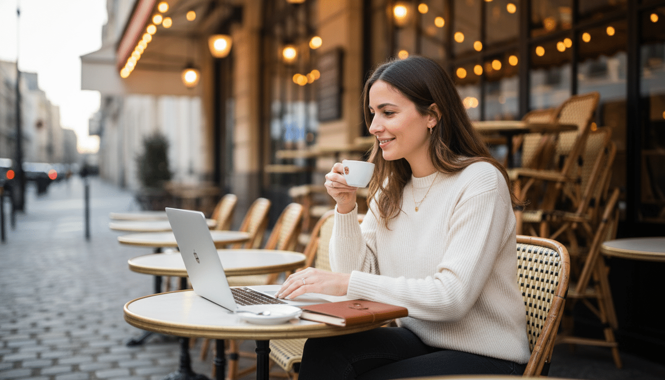 Femme travaillant dans un café parisien