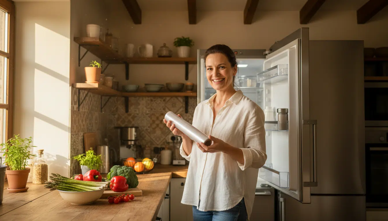femme utilisant film étirable pour conserver légumes frigo