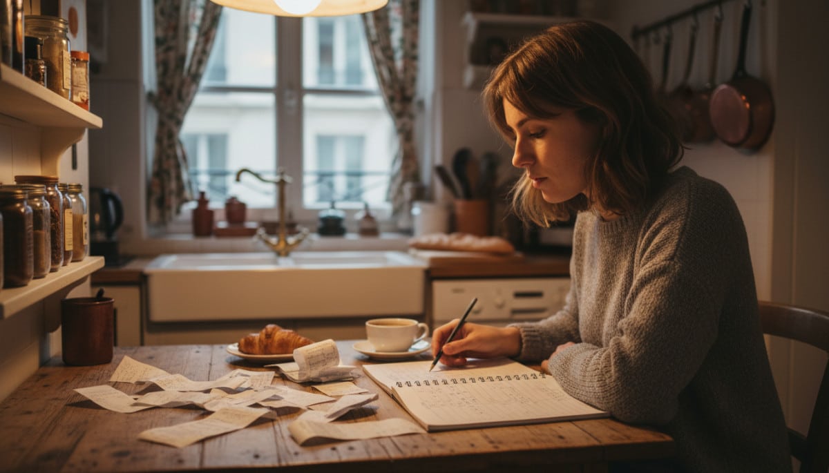 Femme vérifiant ses dépenses et reçus de courses