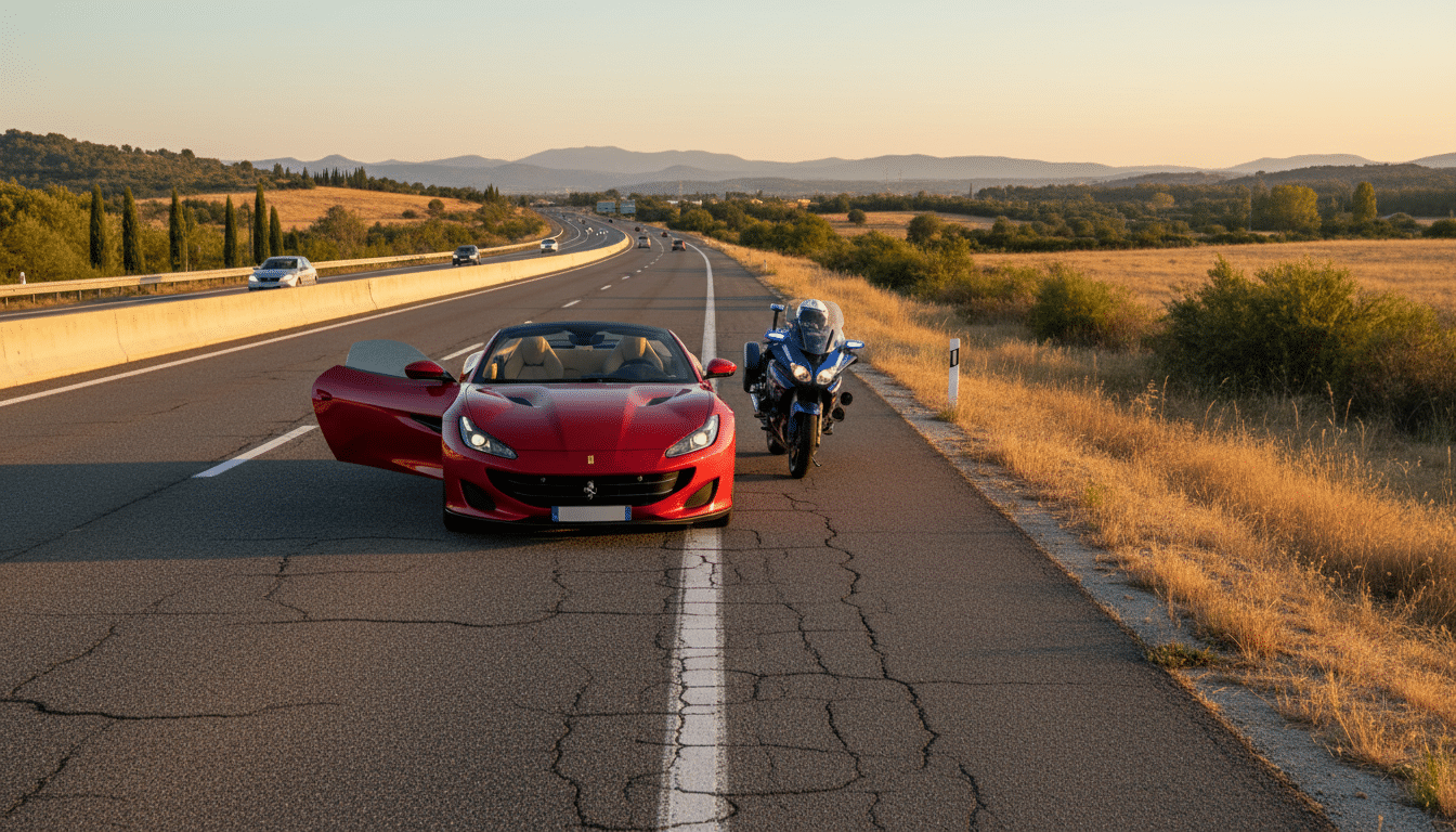 Ferrari Portofino rouge arrêtée sur l'autoroute A8 par les gendarmes