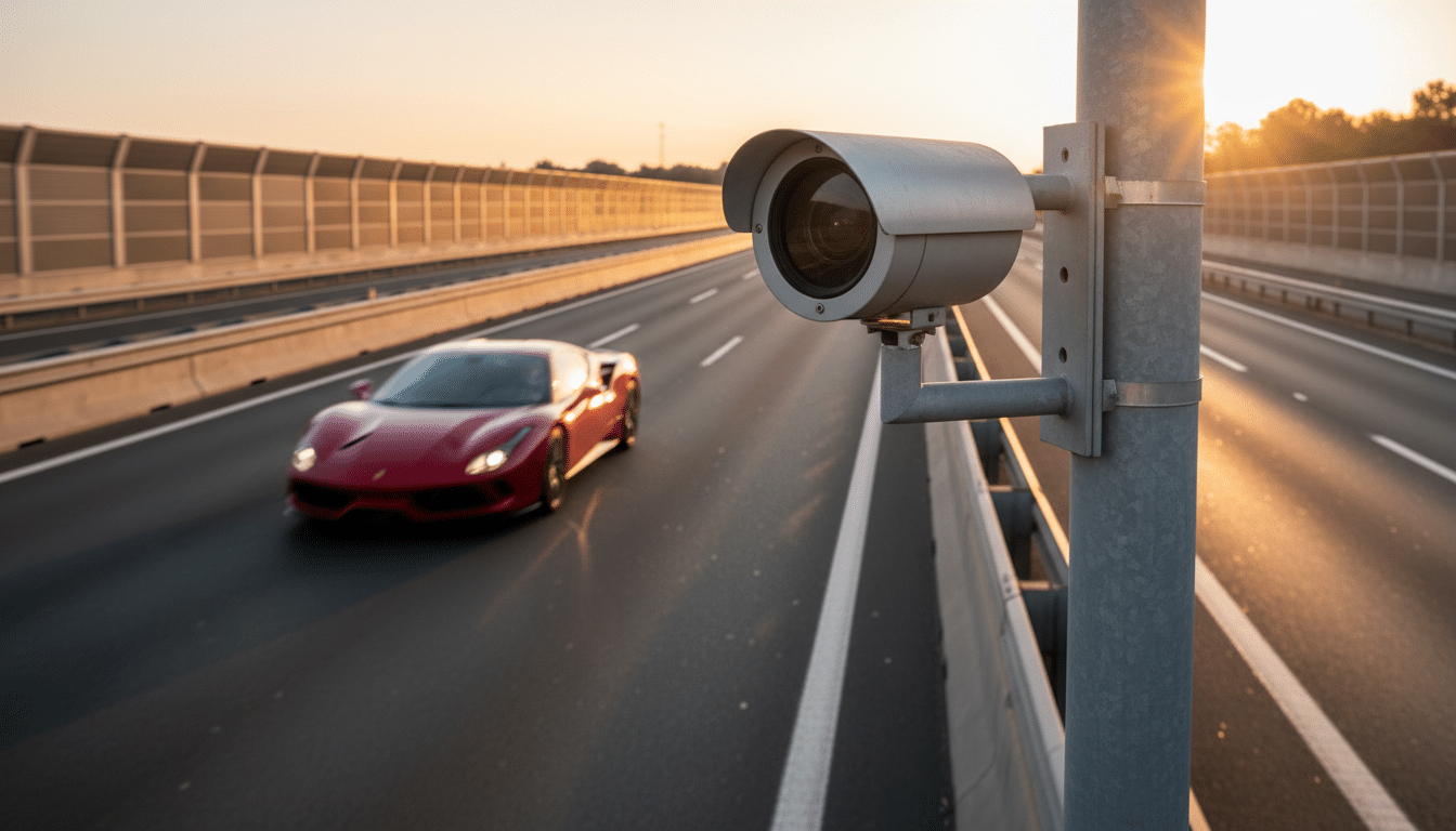 Radar de vitesse sur autoroute française avec voiture rapide en arrière-plan
