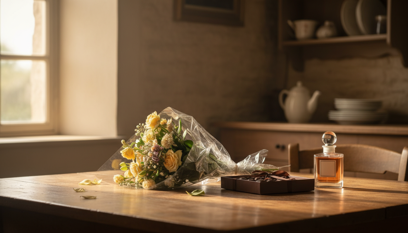 Bouquet de fleurs fané et chocolats non ouverts sur une table