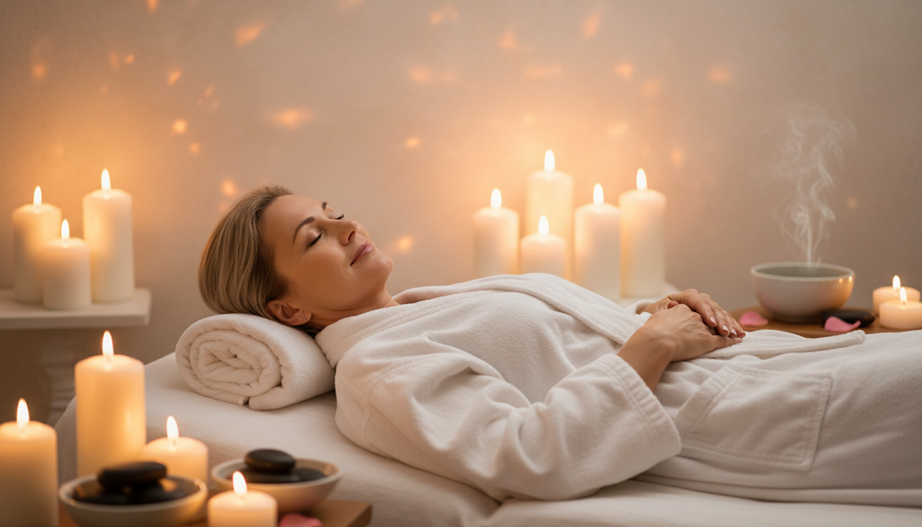 Femme se relaxant dans un spa avec bougies dorées