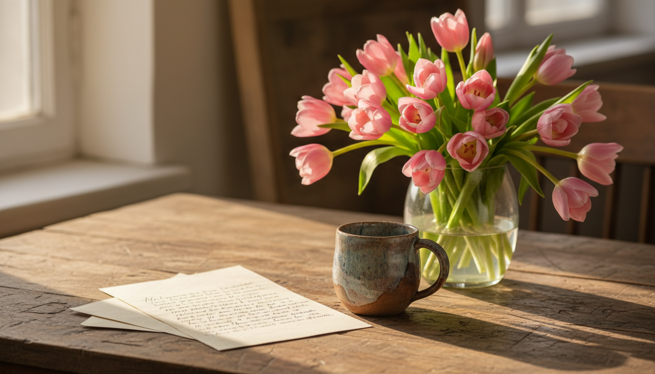 Lettre manuscrite et tulipes fraîches sur table en bois