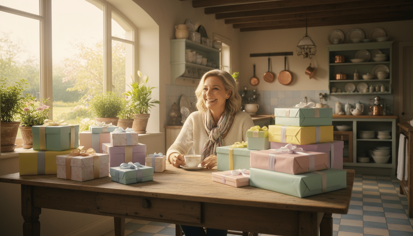 Femme souriante entourée de cadeaux colorés pour la Fête des Mères
