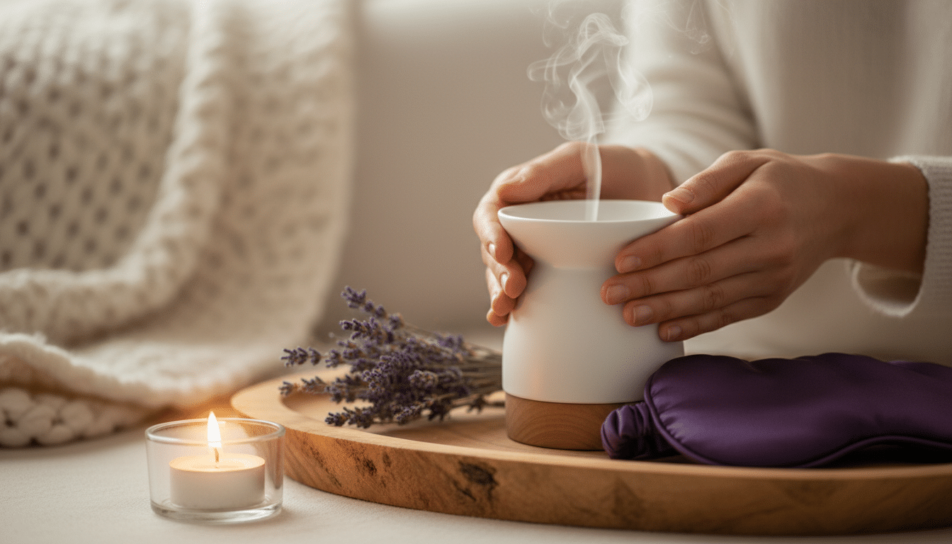 Diffuseur d'huiles essentielles et accessoires bien-être sur un plateau