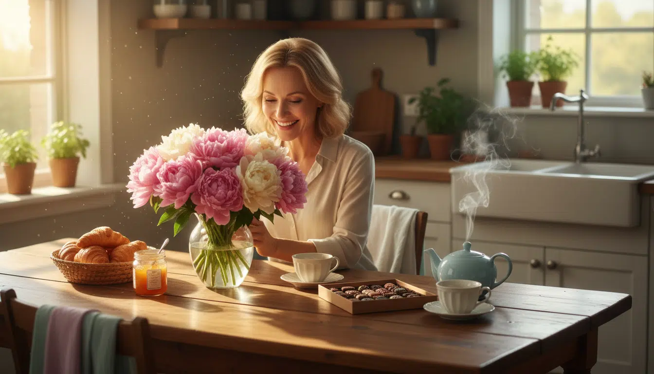 Femme découvrant un bouquet de pivoines et des chocolats artisanaux