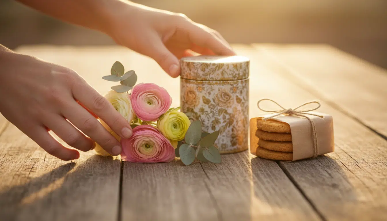 Composition cadeau fête des mères avec bouquet pastel et tisanes