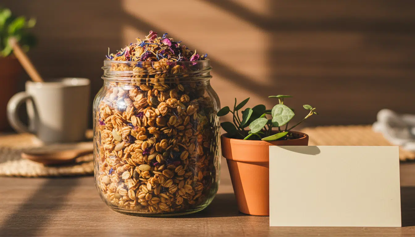 Bocal de granola fleuri maison avec plante verte pour fête des mères