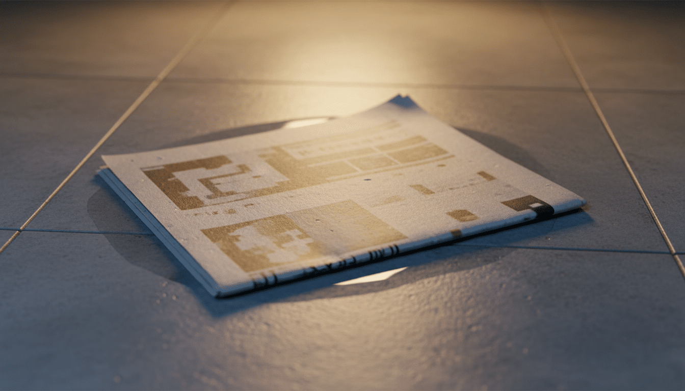Feuille de journal sous un tapis sur carrelage froid