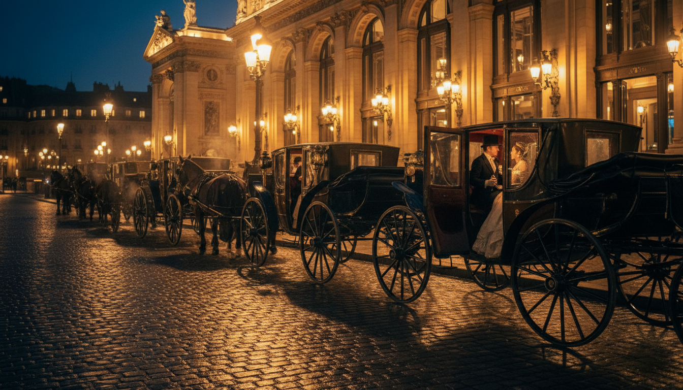 Fiacres parisiens devant un théâtre au XIXe siècle