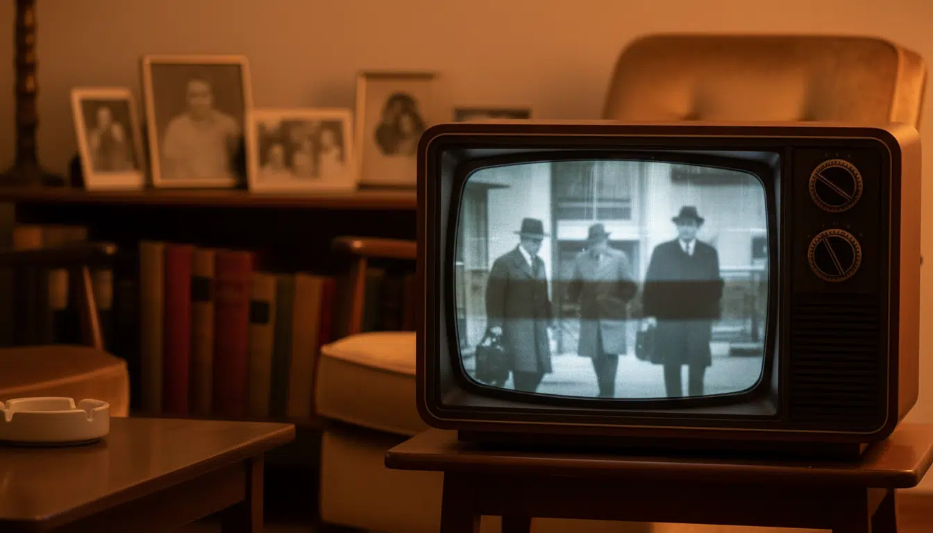 Télévision vintage des années 70 dans un salon nostalgique évoquant l'époque de Columbo
