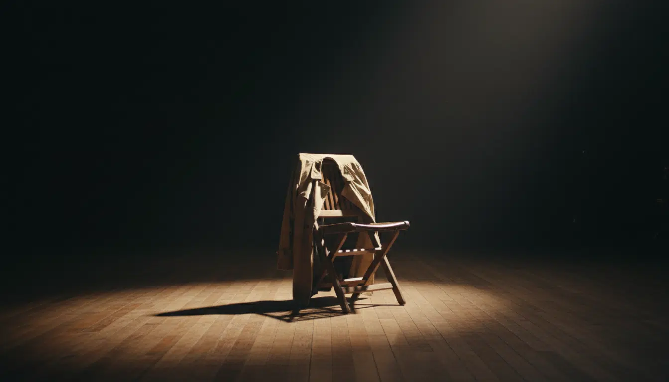 Imperméable beige froissé sur une chaise dans un studio de cinéma vide, symbole iconique de Columbo
