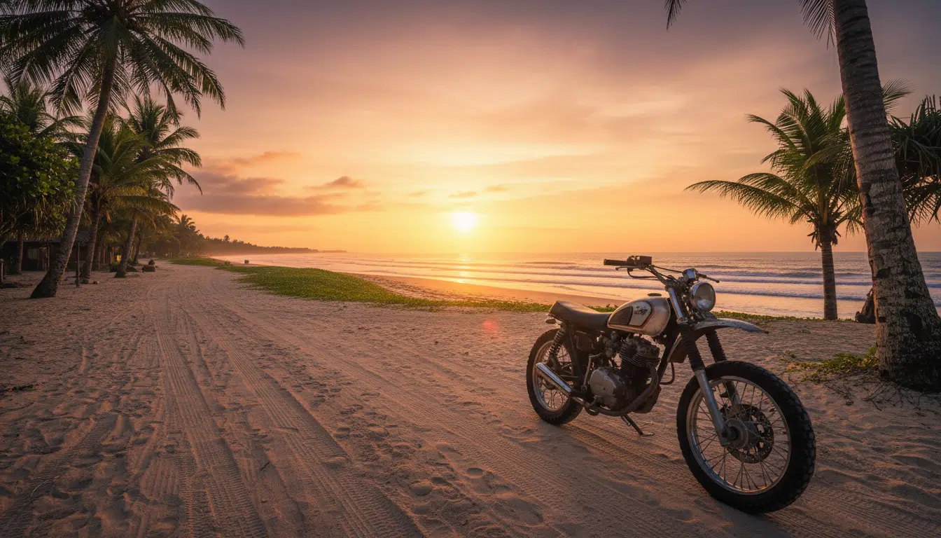 Plage tropicale de Bali avec un scooter au coucher du soleil