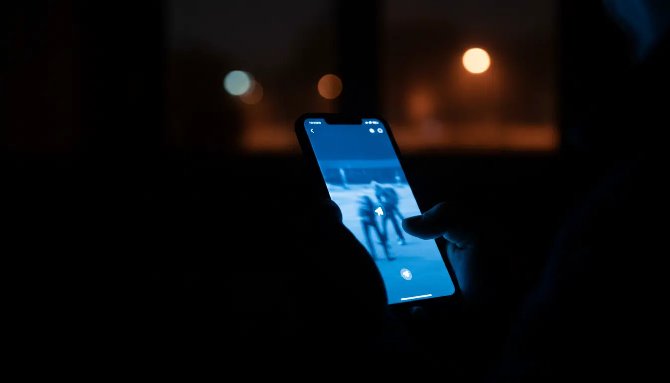 Écran de smartphone diffusant une vidéo Telegram dans une pièce sombre