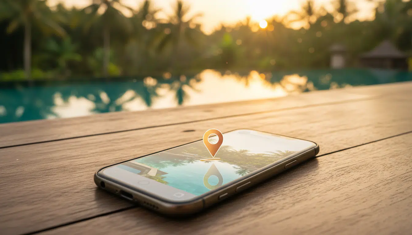 Story Instagram avec géolocalisation sur fond de piscine à Bali