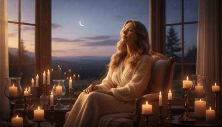 Femme sereine entourée de bougies au coucher du soleil