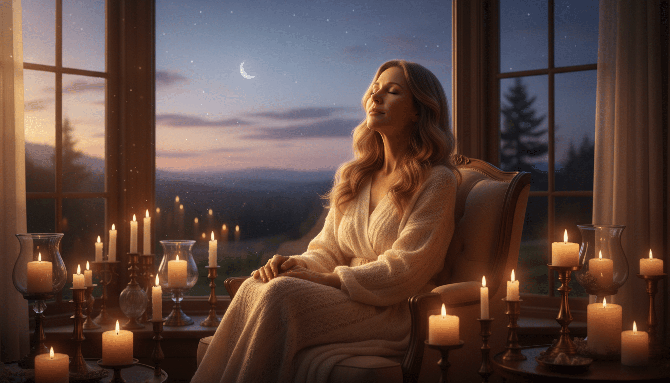 Femme sereine entourée de bougies au coucher du soleil