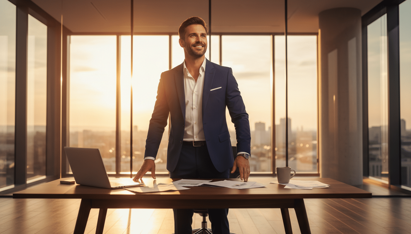 Homme confiant dans un bureau baigné de lumière dorée