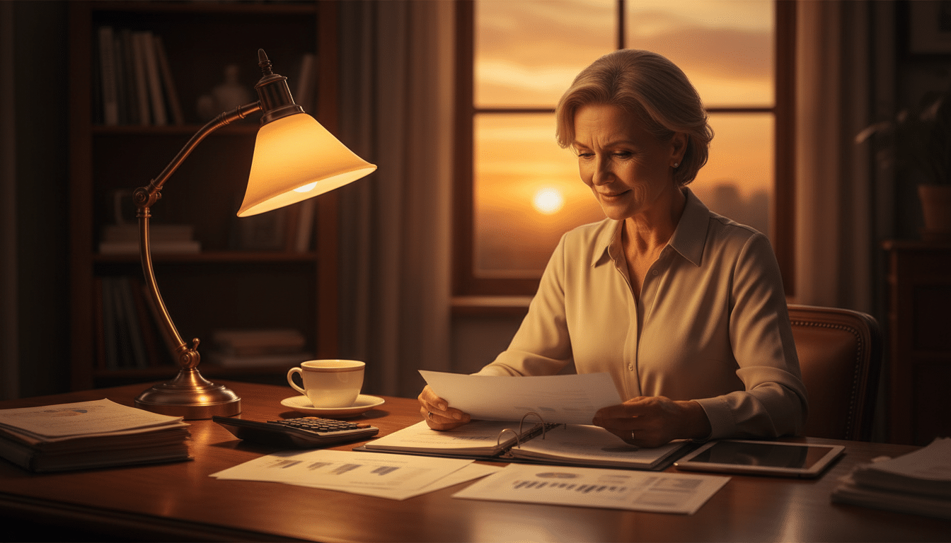 Femme concentrée analysant ses finances avec satisfaction