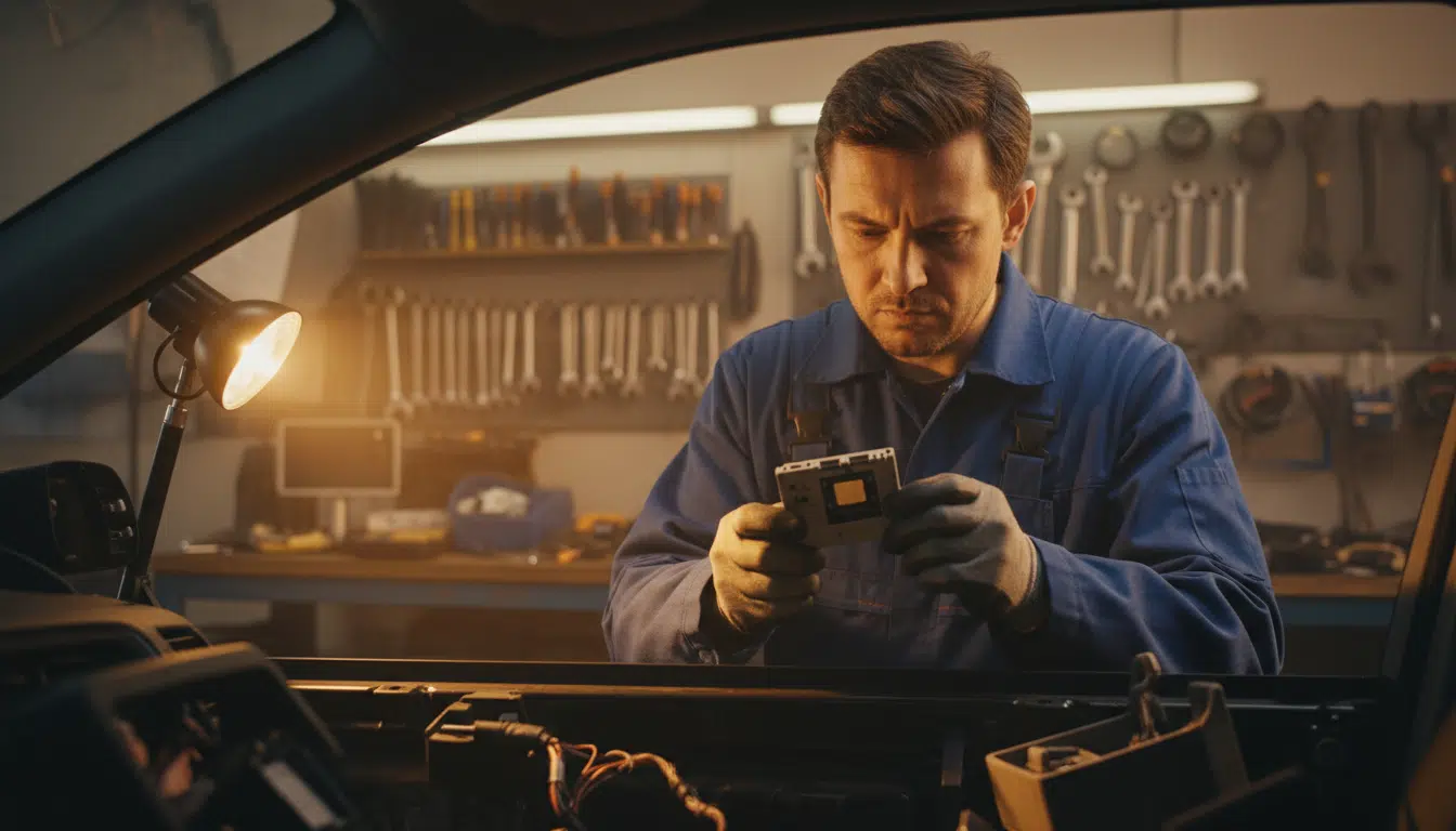 Mécanicien inspectant un module SIM embarqué de véhicule
