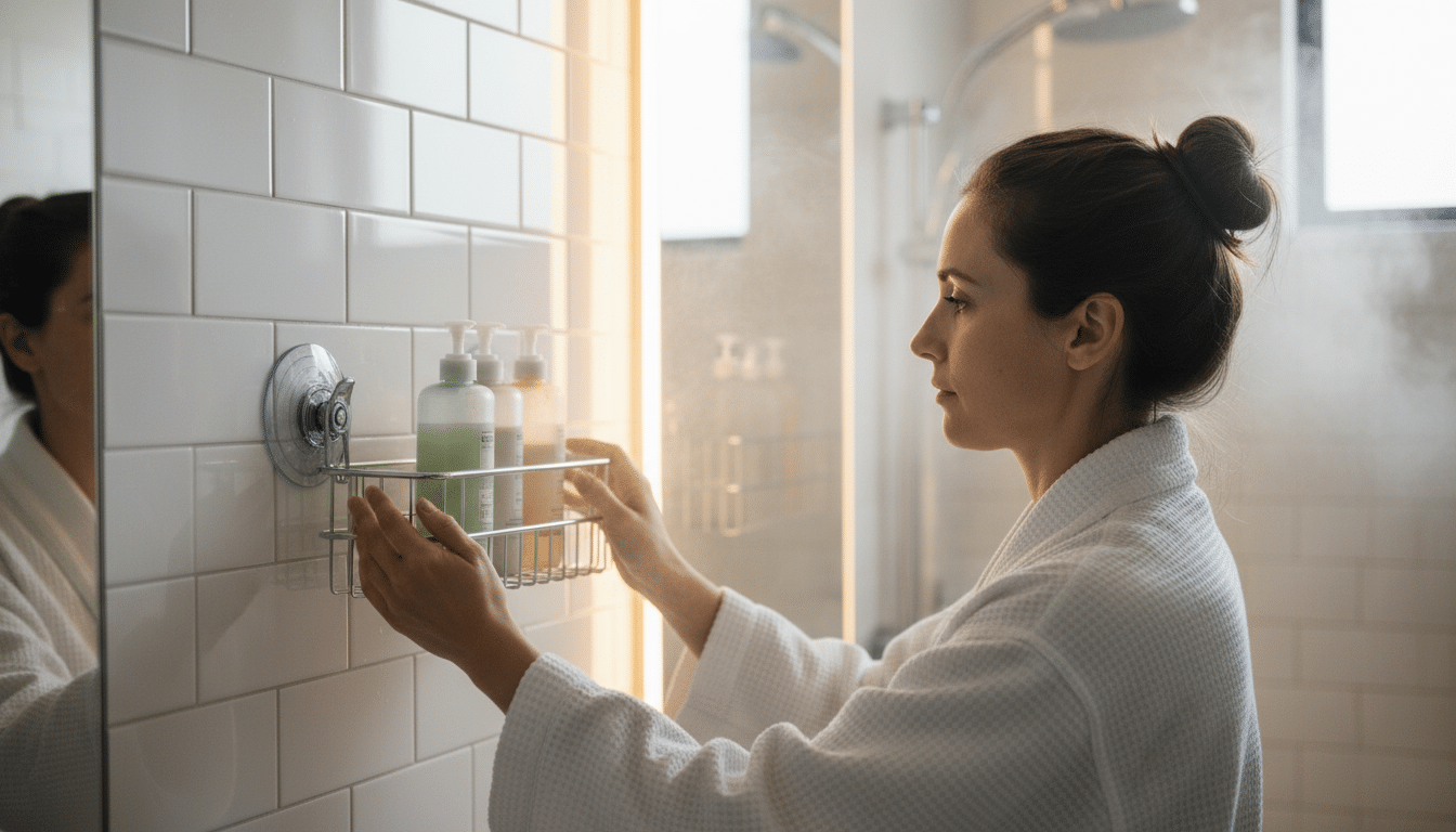 Femme installant un panier de douche à ventouse sur carrelage