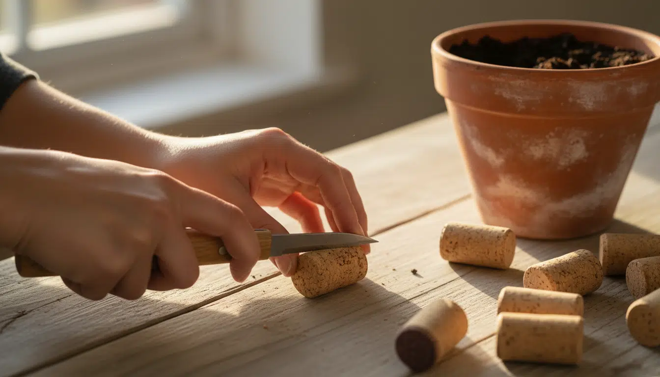 Découpe de bouchons de liège pour le drainage des pots