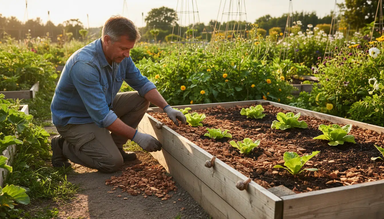 Paillage en liège au pied de jeunes plants de légumes