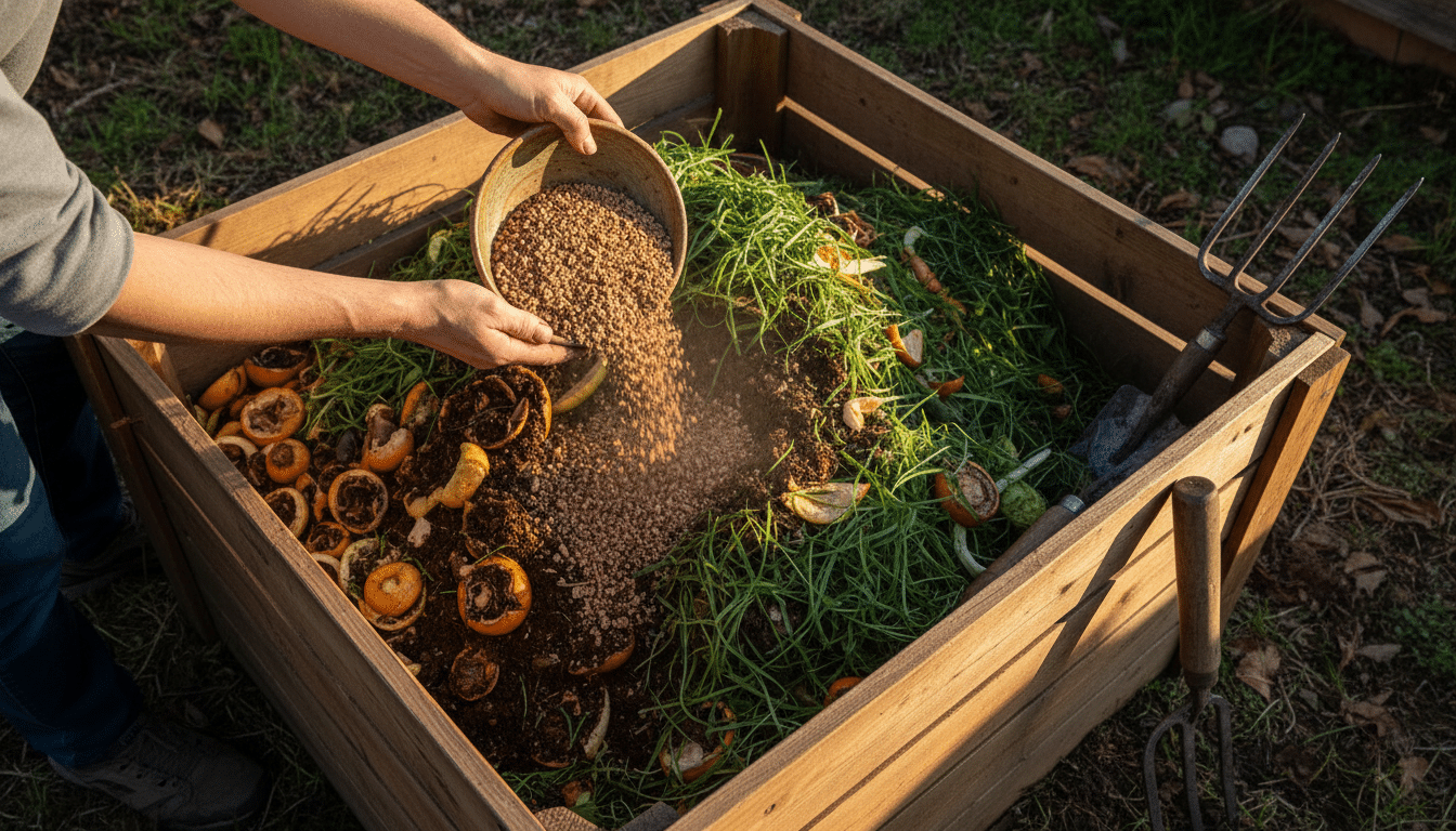 Ajout de liège broyé dans un bac à compost