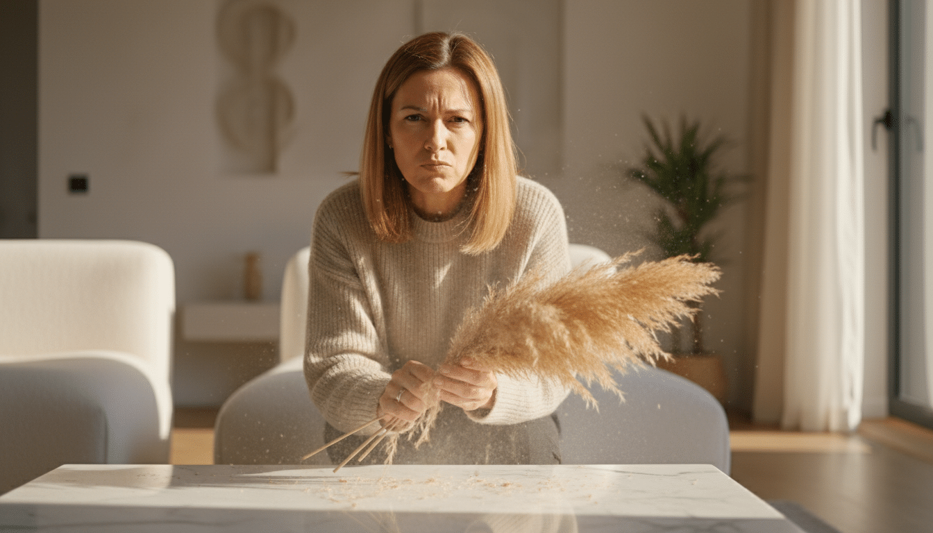 Femme tenant un bouquet de pampa poussiéreux dans son salon