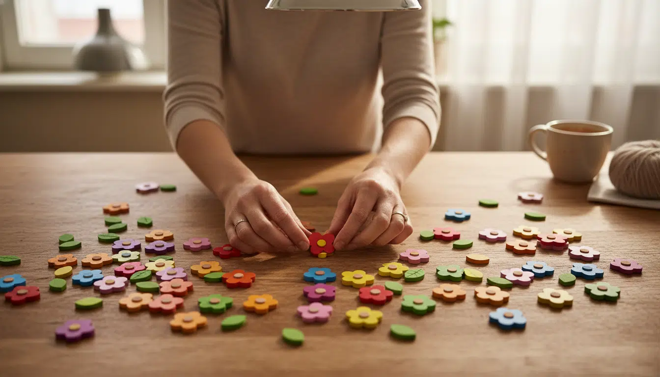 Assemblage des pièces en bois colorées du kit bouquet Action