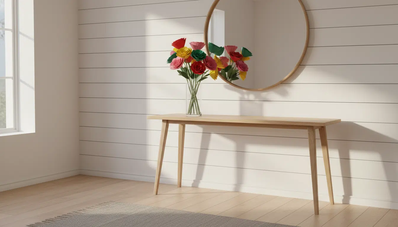 Bouquet en bois coloré terminé exposé sur une console de salon