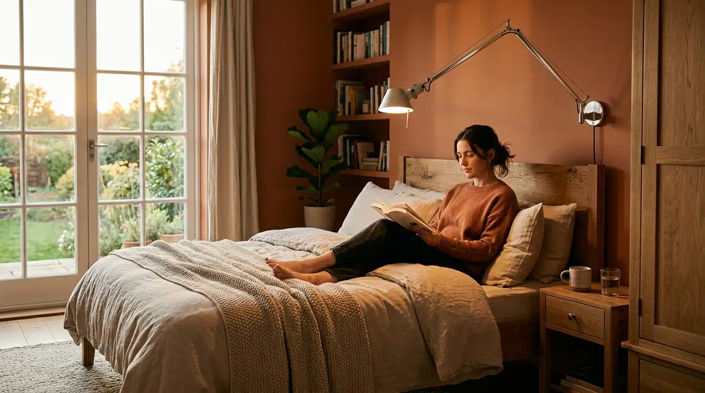 Liseuse métallique chromée dans une chambre aux tons terracotta